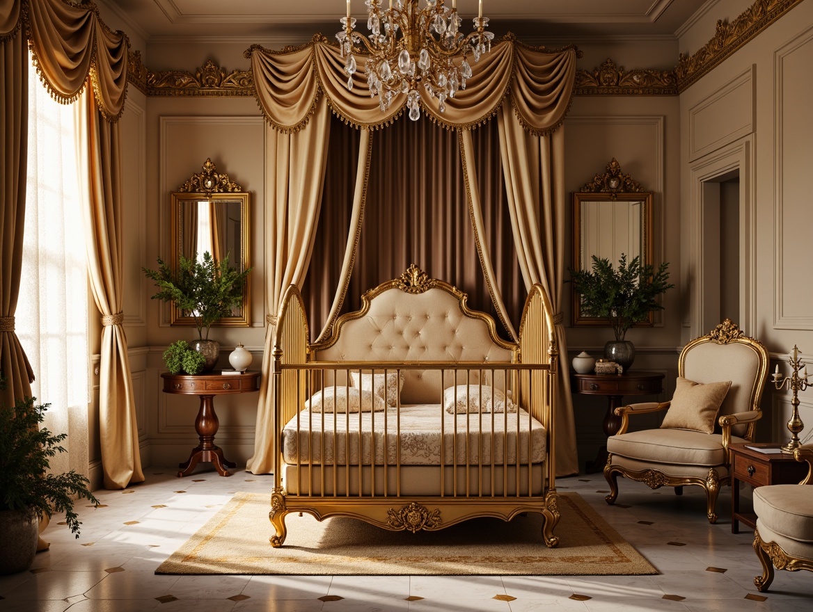 Prompt: Richly ornate crib, lavish drapery, soft warm chandelier lighting, golden accents, intricately carved wooden furniture, plush velvet upholstery, delicate lace curtains, creamy marble flooring, ornate mirrors, dramatic candelabra, warm beige walls, elegant crystal chandelier, subtle shadows, 1/1 composition, shallow depth of field, realistic textures, ambient occlusion.