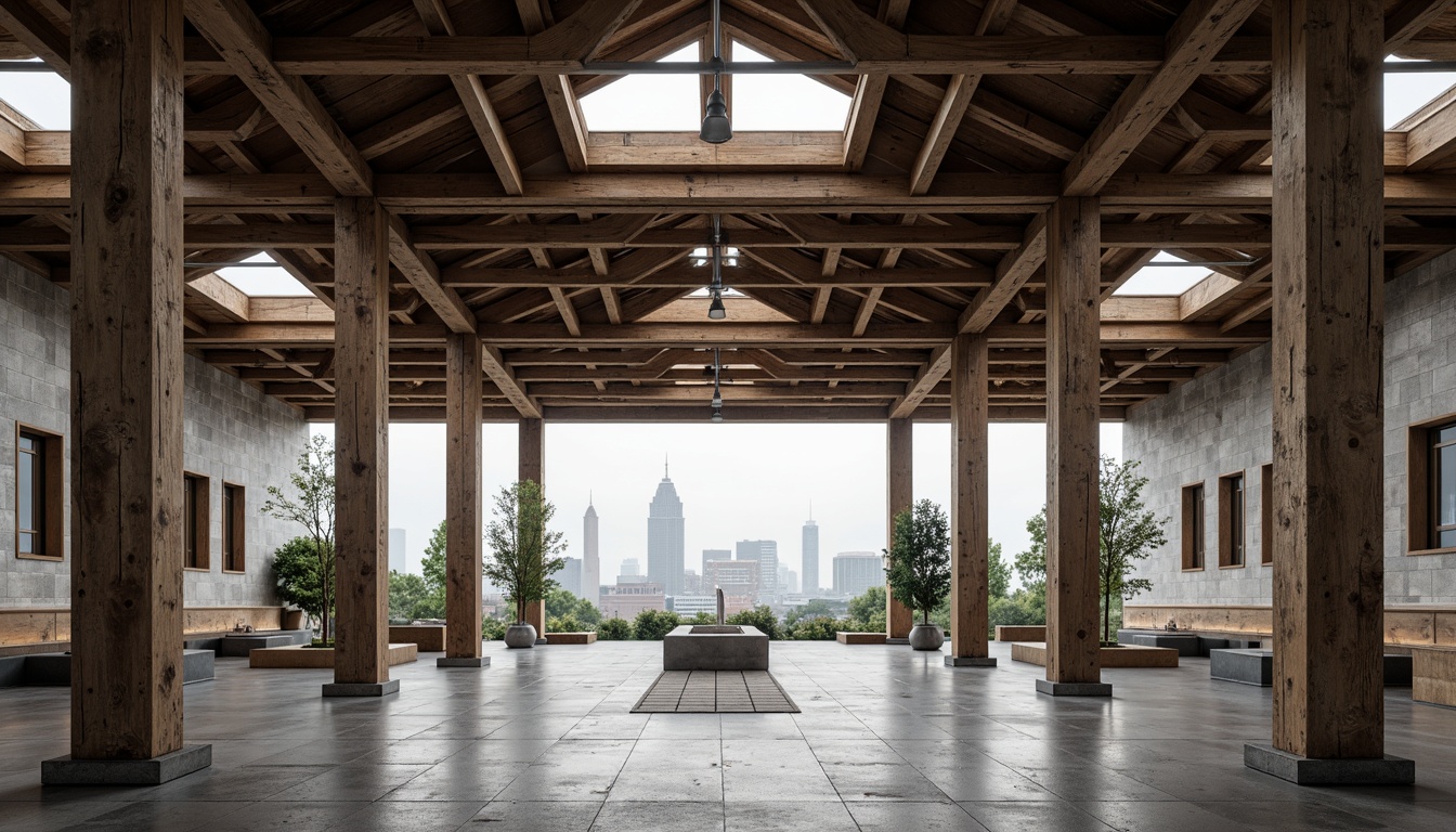 Prompt: Rustic memorial center, exposed beams, industrial chic, distressed wood accents, metal framework, minimalist decor, solemn atmosphere, natural stone walls, concrete floors, dramatic skylights, urban landscape, cityscape views, foggy day, soft diffused lighting, shallow depth of field, 1/1 composition, symmetrical framing, realistic textures, ambient occlusion.