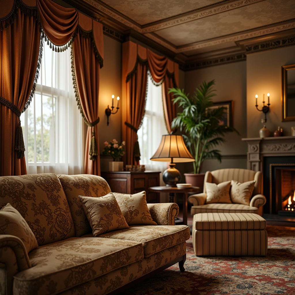 Prompt: Rich velvet fabrics, intricate floral patterns, luxurious silk materials, ornate golden embroidery, soft warm beige tones, elegant tufted upholstery, classic striped motifs, subtle sheen finishes, refined herringbone weaves, opulent tassel trim, majestic crown molding, antique wooden furniture, warm candlelight, cozy fireside atmosphere, 1/1 composition, shallow depth of field, realistic textures, ambient occlusion.