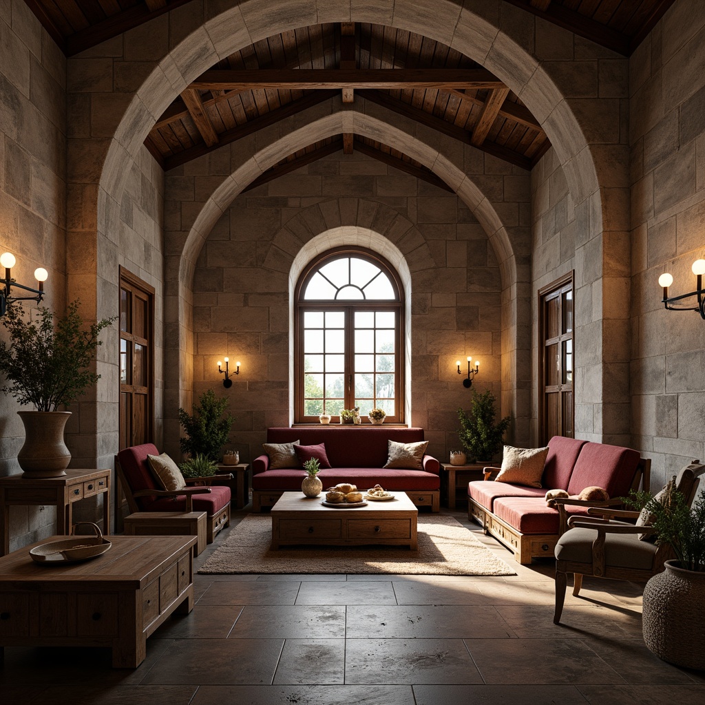 Prompt: Monastery-inspired interior, rustic wooden furniture, distressed finishes, ornate carvings, velvet upholstery, golden accents, lantern-style lighting, stone walls, arched windows, vaulted ceilings, minimalist decor, calming atmosphere, soft warm glow, subtle shadows, 1/1 composition, realistic textures, ambient occlusion.