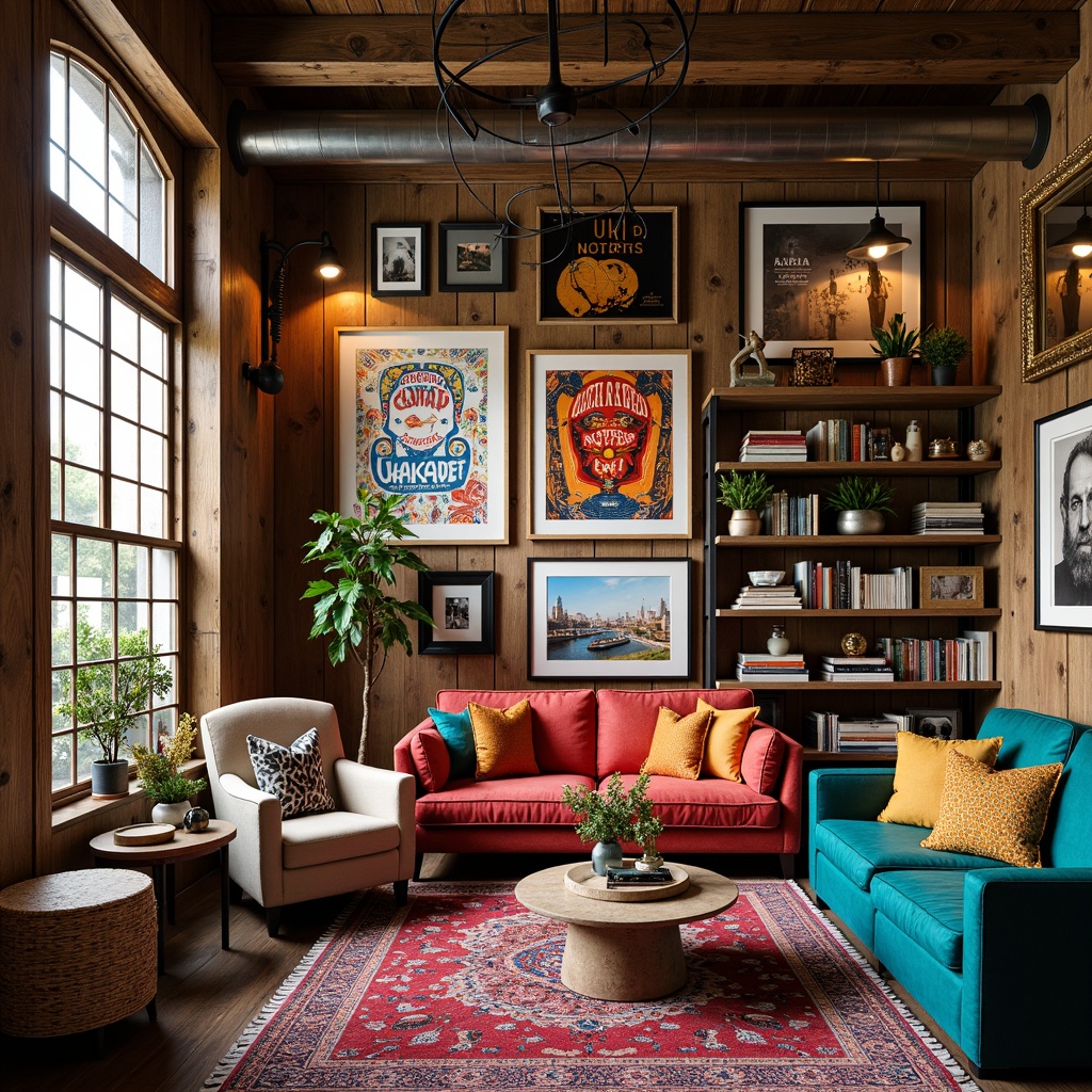 Prompt: Vibrant eclectic interior, mixed vintage frames, abstract artwork, bold typography prints, colorful woven textiles, distressed wooden accents, industrial metal shelves, plush velvet furniture, Moroccan-inspired tiles, natural fiber rugs, oversized ornate mirrors, reclaimed wood walls, rich jewel-toned colors, statement lighting fixtures, unique sculptural pieces, global cultural artifacts, cozy reading nooks, warm ambient glow, shallow depth of field, 1/2 composition, realistic textures, subtle camera movements.