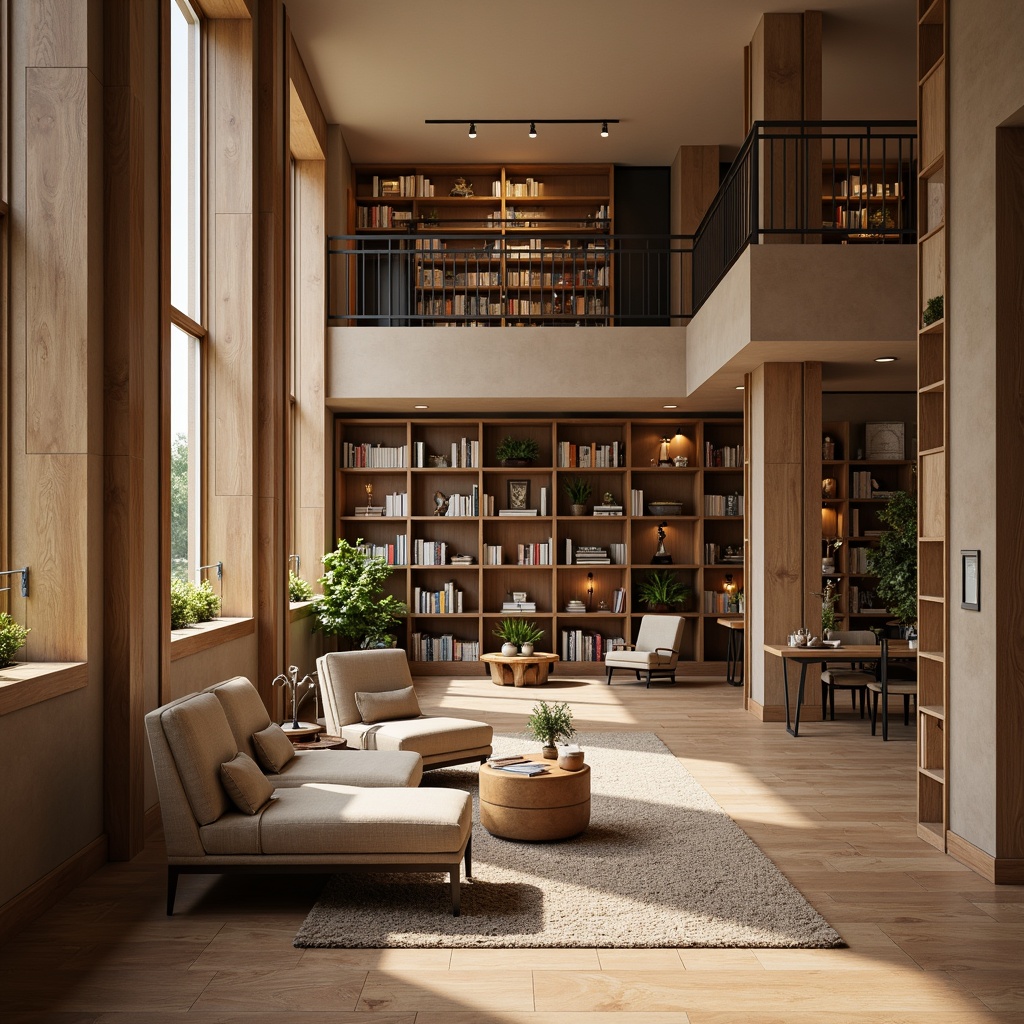 Prompt: Transitional library interior, warm beige walls, rich wood accents, plush area rugs, comfortable reading nooks, floor-to-ceiling shelving units, ladder bookcases, reclaimed wood shelves, metal and glass display cases, vintage decorative objects, modern task lamps, cozy atmosphere, soft natural lighting, 1/1 composition, realistic textures, ambient occlusion.