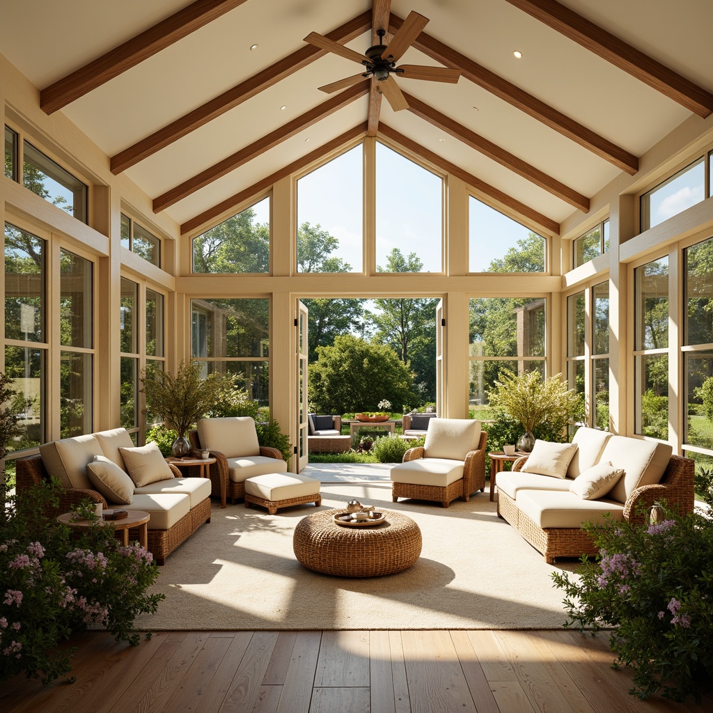 Prompt: Vibrant sunroom, bright natural light, warm beige walls, rich wood accents, lush greenery, blooming flowers, comfortable seating areas, soft cushions, calming atmosphere, serene ambiance, warm earth tones, soothing pastel hues, creamy whites, pale blues, sunny yellow, gentle orange, subtle texture, natural materials, wooden flooring, glass doors, panoramic views, shallow depth of field, 1/2 composition.