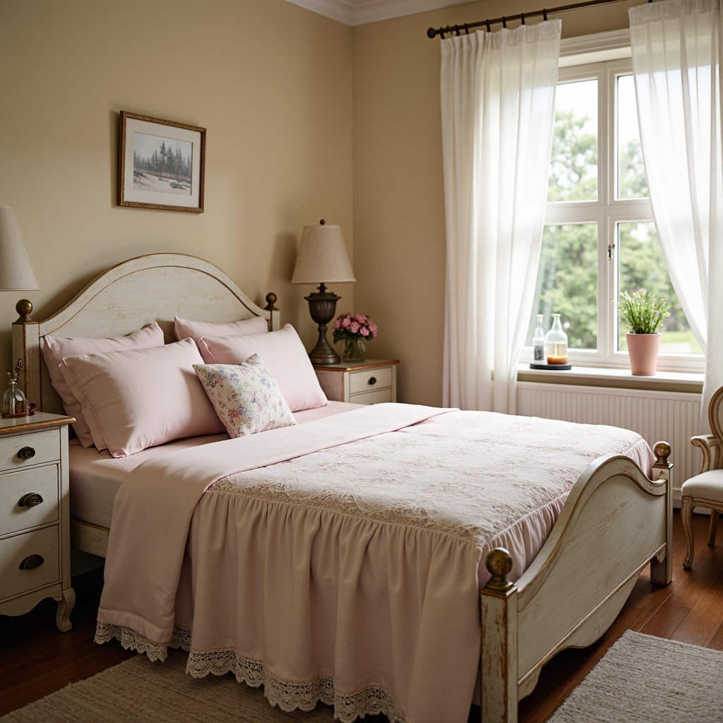 Prompt: Soft feminine bedroom, distressed wood furniture, vintage accessories, pastel hues, warm beige walls, pale pink accents, creamy whites, soft sage greens, dusty lavender shades, golden bronze hardware, lace trim details, floral patterns, ruffled fabrics, natural light pouring in, sheer curtains, romantic ambiance, warm candlelight, shallow depth of field, 1/1 composition, dreamy textures, gentle color transitions.