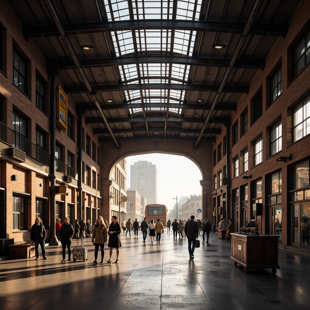 Prompt: Industrial train station, exposed metal beams, reclaimed wood accents, distressed brick walls, urban cityscape, morning rush hour, soft natural light, high ceilings, industrial-style lighting fixtures, steel columns, concrete flooring, vintage luggage carts, metal benches, nostalgic railway signs, warm color tones, shallow depth of field, 2/3 composition, atmospheric mist, realistic textures.