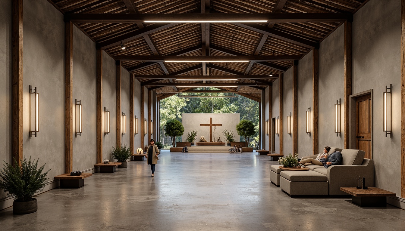 Prompt: Rustic memorial center, exposed steel beams, reclaimed wood accents, polished concrete floors, industrial-chic decor, vintage metal lighting fixtures, minimalist elegance, neutral color palette, dramatic high ceilings, natural stone walls, solemn atmosphere, subtle warm lighting, shallow depth of field, 1/2 composition, realistic textures, ambient occlusion.