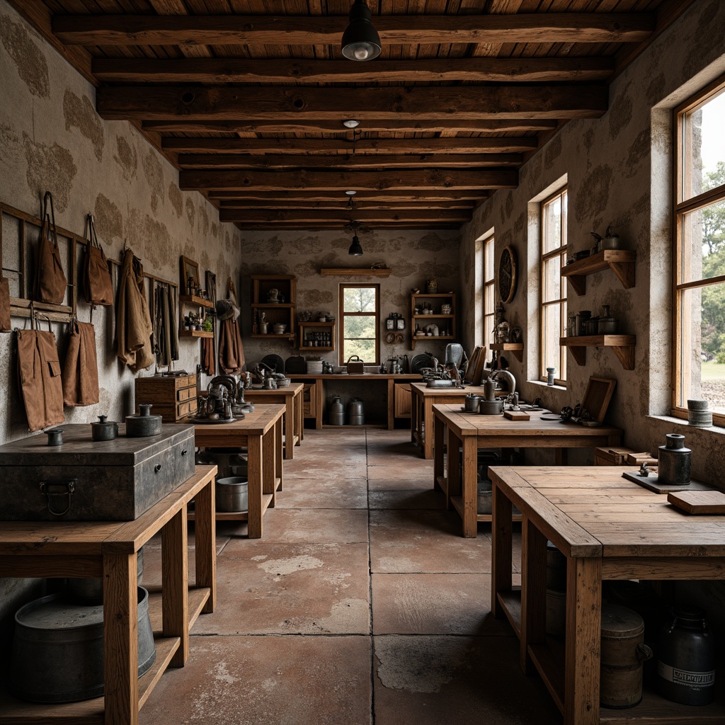 Prompt: Rustic workshop, wooden workbenches, metal toolboxes, vintage machinery, distressed wood textures, worn leather aprons, earthy color palette, natural stone walls, exposed brick ceilings, warm ambient lighting, soft shadows, 1/1 composition, realistic renderings, detailed normal maps, subtle depth of field.