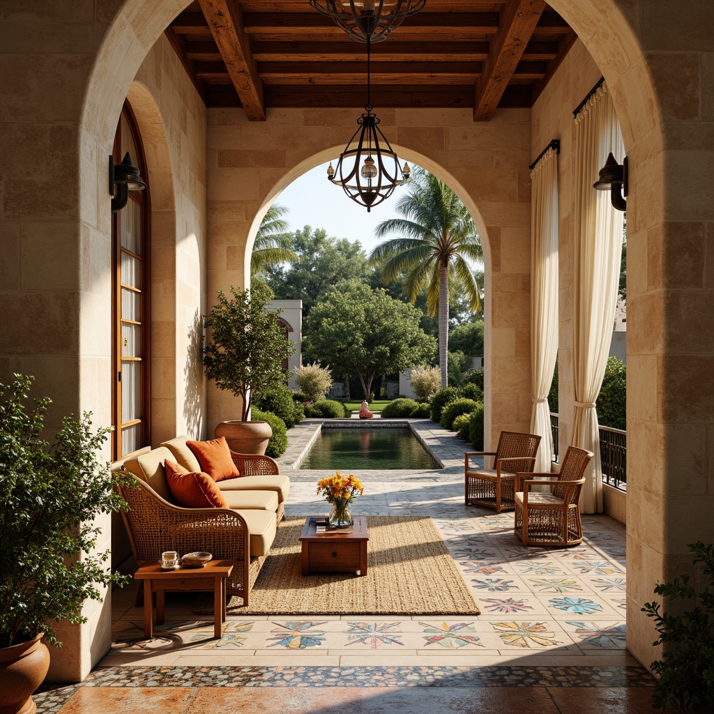 Prompt: Warm Mediterranean villa, rustic stone walls, curved archways, ornate ironwork, colorful ceramic tiles, plush velvet furnishings, distressed wood accents, natural fiber rugs, woven wicker furniture, delicate lace curtains, soft golden lighting, warm beige color palette, traditional Spanish architecture, grand chandeliers, intricate mosaic patterns, lush greenery, blooming flowers, serene outdoor spaces, tranquil water features, shallow depth of field, 1/1 composition, realistic textures, ambient occlusion.