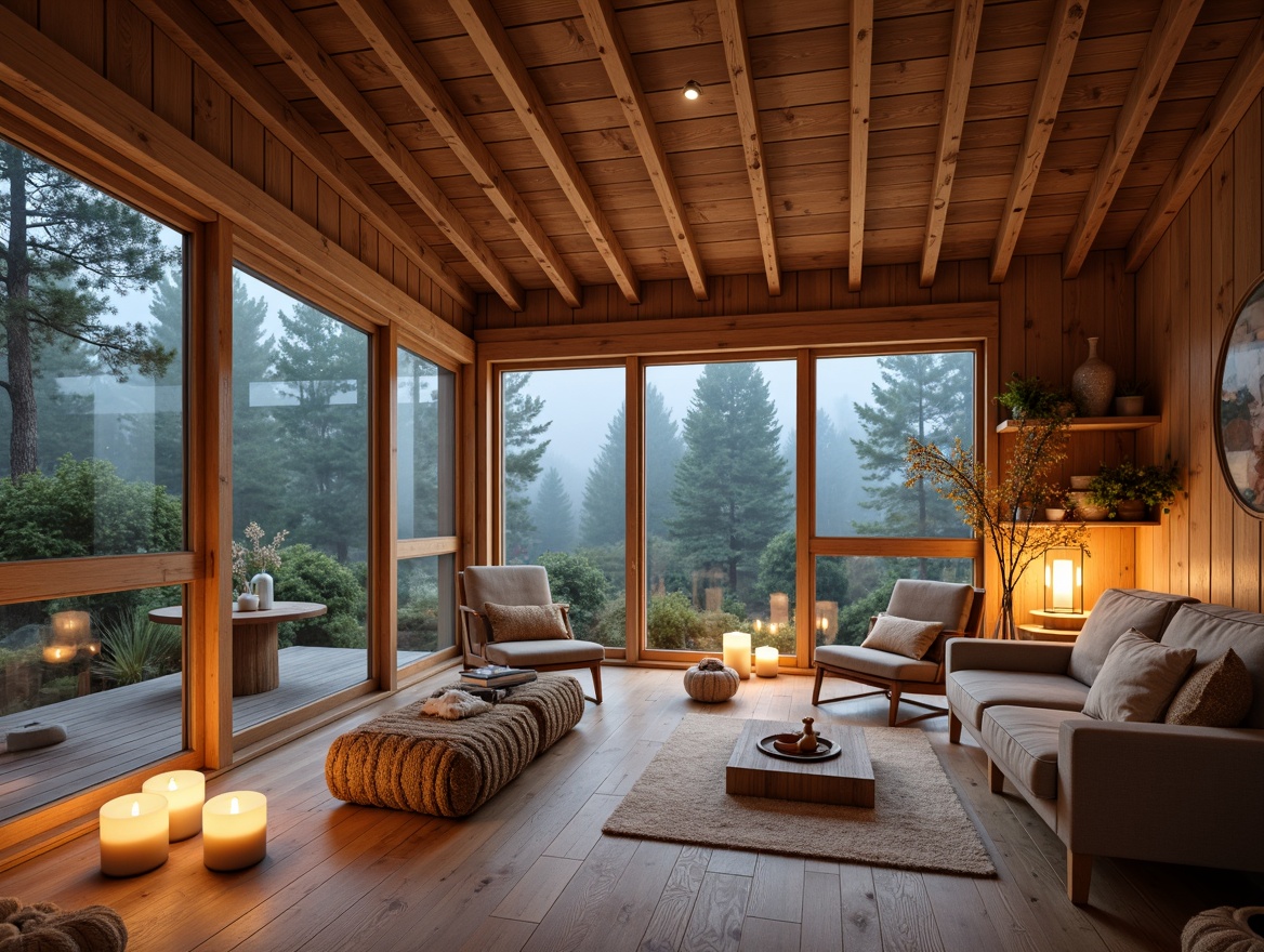 Prompt: Cozy Scandinavian cabin, natural wood accents, light-toned wooden floors, rustic wooden beams, minimalist interior design, warm candle lighting, comfortable furniture, plush textiles, earthy color palette, forest surroundings, misty morning atmosphere, softbox lighting, 1/1 composition, realistic wood textures, ambient occlusion.