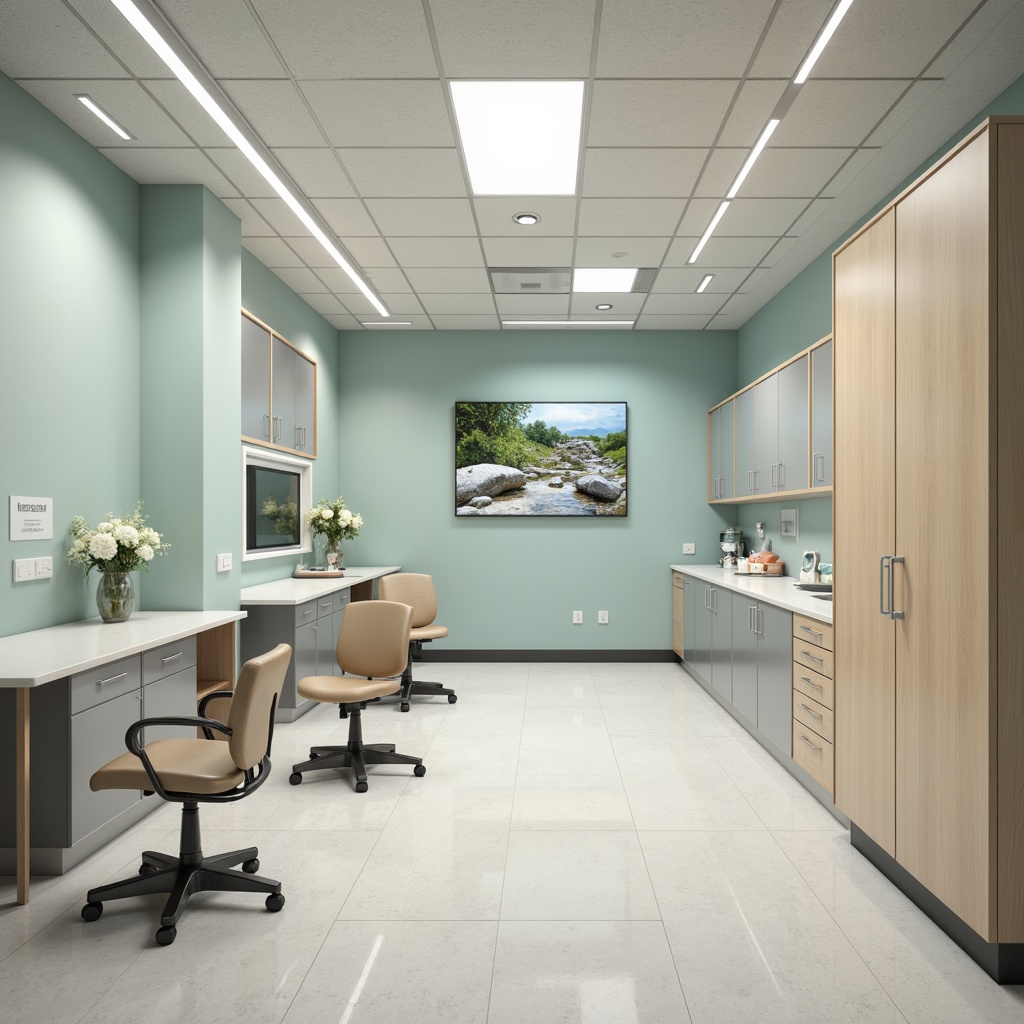 Prompt: Sterilized dental clinic interior, calming pastel colors, smooth gloss finishes, durable epoxy paint, anti-microbial coatings, easy-to-clean surfaces, subtle texture patterns, hygienic stainless steel accents, modern minimalist aesthetic, indirect soft lighting, LED light strips, recessed ceiling details, functional storage cabinets, ergonomic furniture design, medical equipment integration, calming nature-inspired artwork, serene ambiance, shallow depth of field, 1/1 composition, realistic textures.