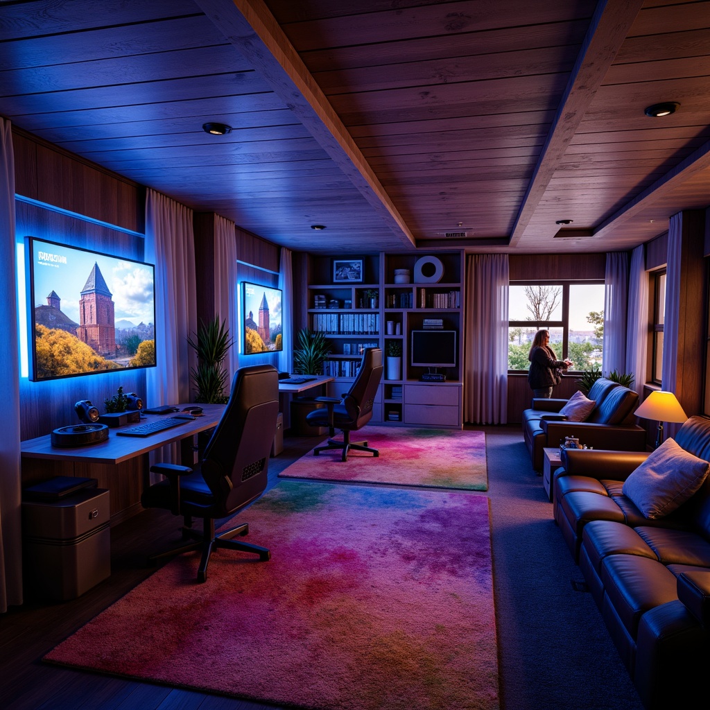 Prompt: Cozy game room, dark wood accents, neon-lit gaming stations, comfortable plush couches, vibrant colorful rugs, modern entertainment center, sleek TV console, surround sound speakers, futuristic gaming chairs, adjustable ergonomic desks, high-performance computers, virtual reality equipment, ambient soft lighting, shallow depth of field, 1/1 composition, realistic textures, warm atmosphere.