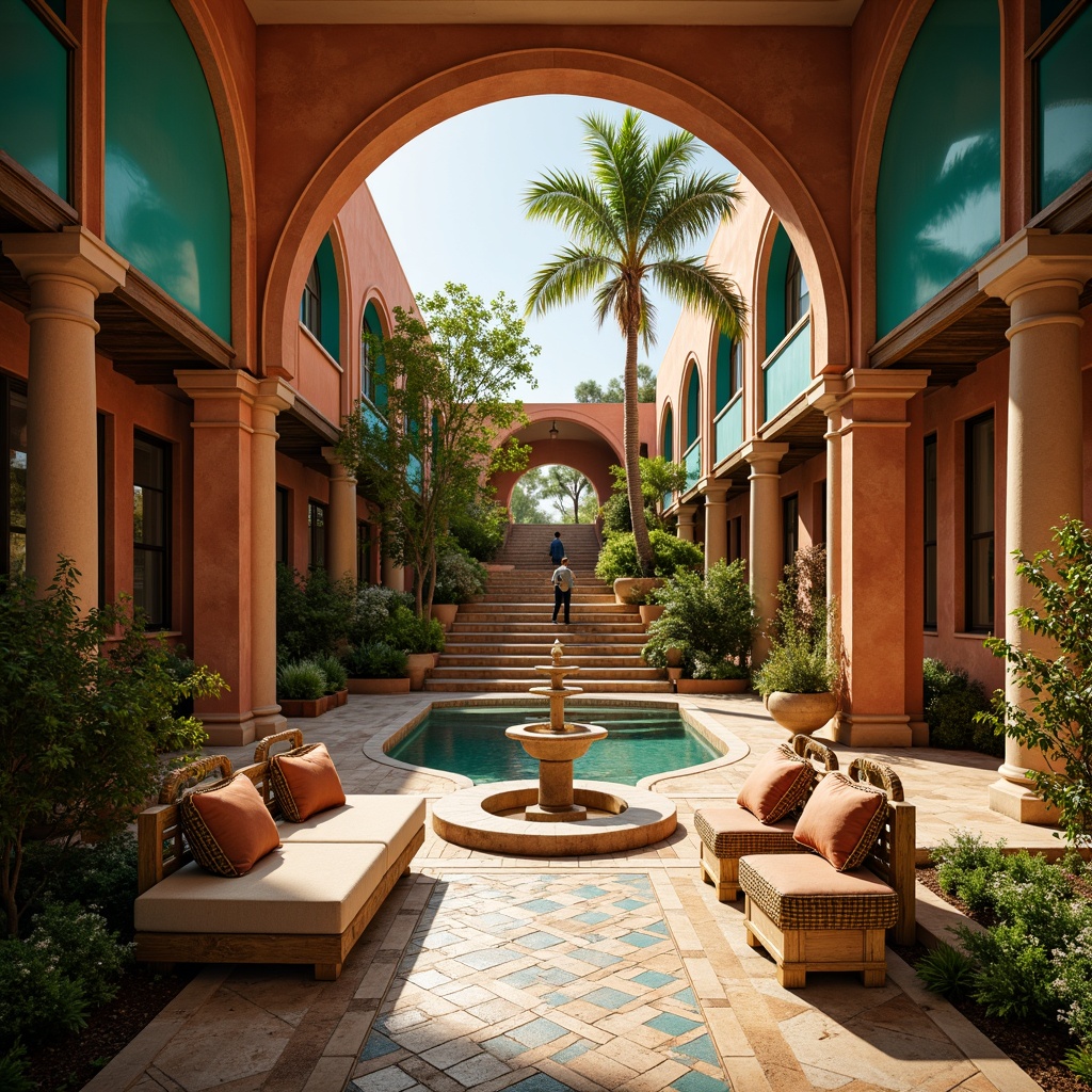 Prompt: Vibrant turquoise accents, warm golden light, rustic terracotta hues, earthy oatmeal tones, majestic archways, ornate fountains, lush greenery, natural stone seating, weathered wooden benches, eclectic tile mosaics, grandiose staircases, dramatic spotlights, soft warm shadows, cinematic composition, symmetrical architecture, whimsical patterns, rich textures, ambient occlusion.