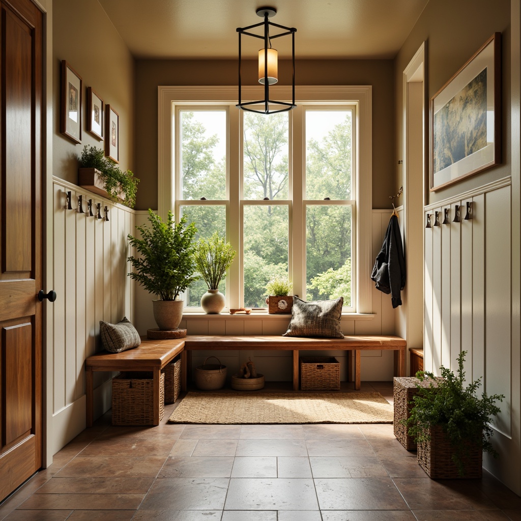 Prompt: Cozy mudroom, warm earthy tones, natural wood accents, soft beige walls, creamy white trim, rich brown leather benches, woven wicker storage baskets, lush greenery, potted plants, natural stone flooring, rustic metal hooks, soft warm lighting, shallow depth of field, 3/4 composition, realistic textures, ambient occlusion.