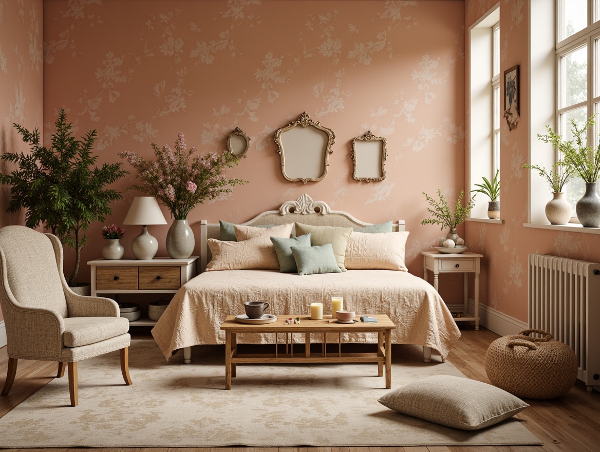 Prompt: Vintage distressed fabrics, soft peach tones, gentle lace patterns, warm beige textures, rustic wooden accents, antique furniture pieces, floral bouquets, pastel-colored vases, delicate porcelain figurines, ornate metal frames, plush area rugs, creamy candlelight, shallow depth of field, 1/1 composition, intimate atmosphere, realistic materials, ambient occlusion.