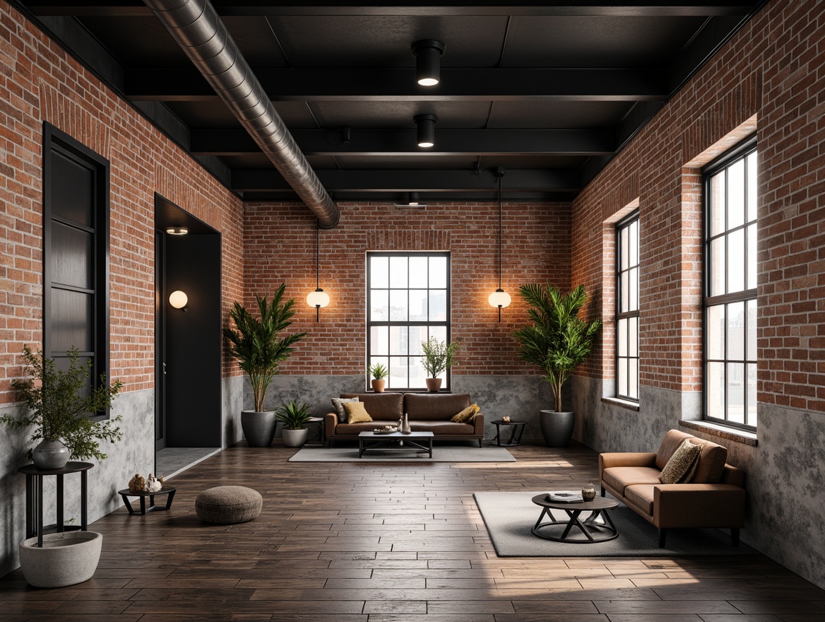 Prompt: Exposed brick walls, distressed concrete textures, metallic accents, reclaimed wood planks, industrial-chic colors, matte black steel beams, urban loft atmosphere, high ceilings, minimalist decor, modern industrial lighting, dramatic shadows, gritty realistic renderings, cinematic composition, shallow depth of field, 2/3 aspect ratio.