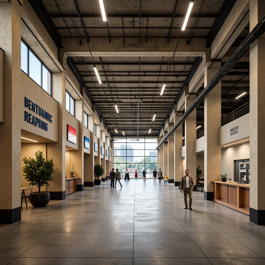 Prompt: Industrial warehouse, functional layout, neutral color scheme, beige walls, metallic accents, bold branding signs, concrete floors, steel beams, high ceilings, natural light, minimal decor, modern lighting fixtures, urban feel, cityscape views, busy atmosphere, dynamic energy, warm tone lighting, shallow depth of field, 1/2 composition, realistic textures, ambient occlusion.