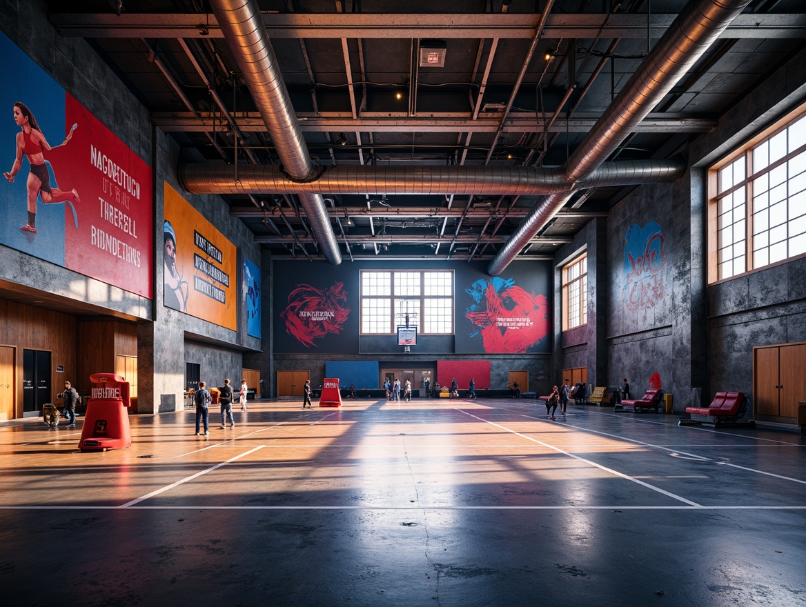 Prompt: Dramatic gymnasium interior, high ceilings, exposed ductwork, concrete floors, metallic beams, bold color schemes, vibrant accent walls, dynamic lighting, intense spotlights, soft warm glow, ambient occlusion, realistic shadows, high contrast ratios, dramatic chiaroscuro, expressionist brushstroke textures, abstract geometric patterns, futuristic sports equipment, sleek modern machinery, athletic track lines, motivational quotes, inspirational murals, urban industrial atmosphere, gritty distressed finishes, bold architectural forms, avant-garde design elements.