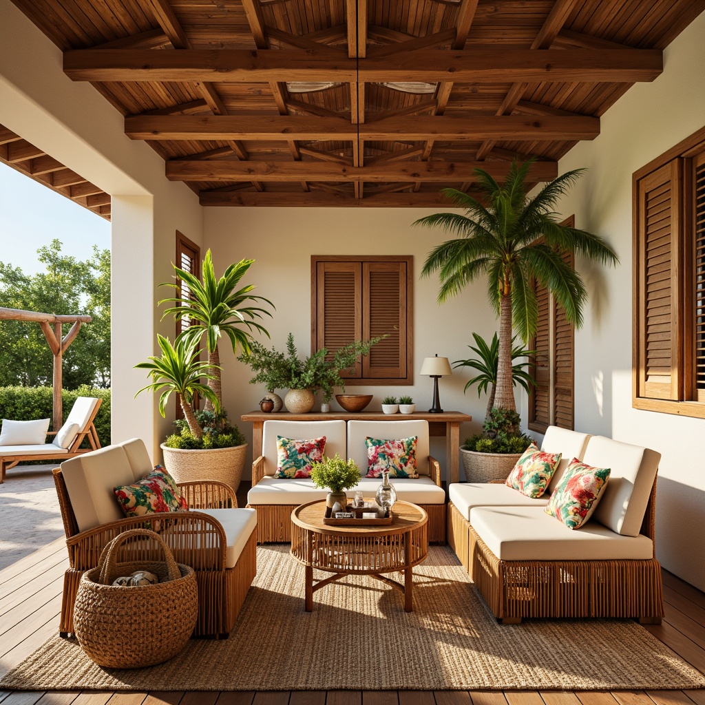 Prompt: Woven rattan furniture, plush velvet cushions, natural wood accents, palm tree-inspired decor, vibrant floral patterns, exotic leaf-shaped accessories, warm beige tones, soft golden lighting, airy open spaces, louvered windows, sliding glass doors, tropical plant arrangements, colorful tassel details, woven bamboo textures, rustic driftwood finishes, cozy hammock nooks, tranquil water features, sunny outdoor spaces, relaxed vacation atmosphere.