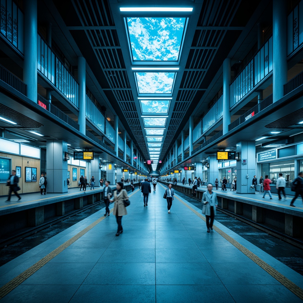 Prompt: Urban metro station, modern infrastructure, sleek metal columns, futuristic lighting fixtures, LED strips, neon accents, suspended ceiling lamps, geometric patterned shades, circular platforms, rushing commuters, dynamic city life, bright artificial illumination, cool blue tones, high-contrast ambiance, shallow depth of field, 1/2 composition, realistic reflections, ambient occlusion.