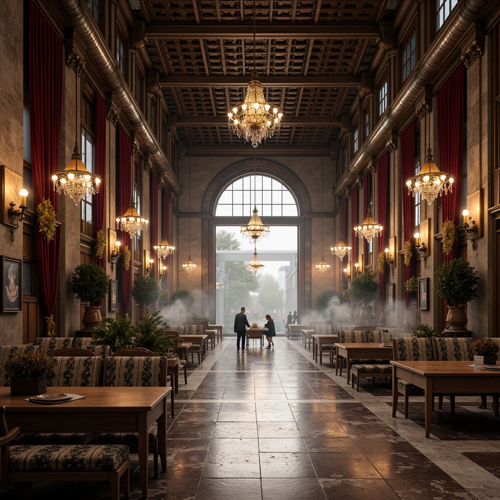 Prompt: Luxurious factory interior, ornate metalwork, rich velvet drapes, polished marble floors, intricately carved wooden panels, gilded accents, crystal chandeliers, lavish furnishings, soft warm lighting, dramatic shadows, high-contrast textures, realistic reflections, 1/1 composition, cinematic camera angles, atmospheric misting effects.