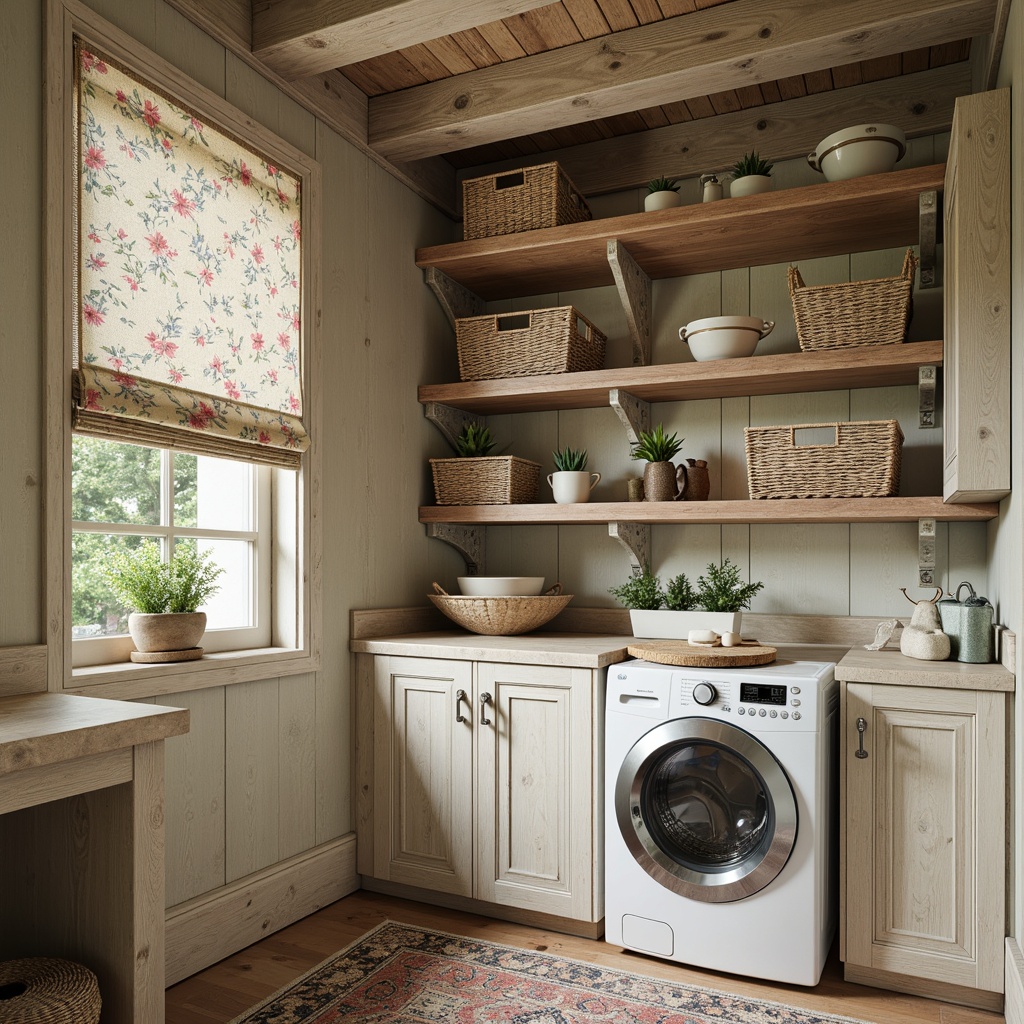 Prompt: Rustic laundry room, distressed wood shelving, vintage metal brackets, woven wicker baskets, soft pastel colors, floral patterns, ornate ironwork, curved wooden accents, natural stone countertops, earthy tones, warm ambient lighting, 3/4 composition, shallow depth of field, realistic textures, ambient occlusion.