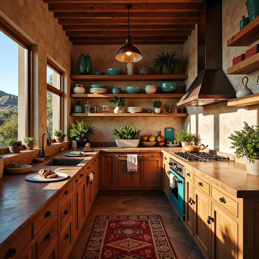 Prompt: Rustic Southwestern kitchen, distressed wood cabinetry, warm earthy tones, turquoise accents, hand-carved wooden details, woven textiles, natural stone countertops, copper hardware, pendant lighting, open shelving, terracotta floors, vibrant cultural patterns, bold geometric shapes, warm golden lighting, shallow depth of field, 1/1 composition, intimate atmosphere.