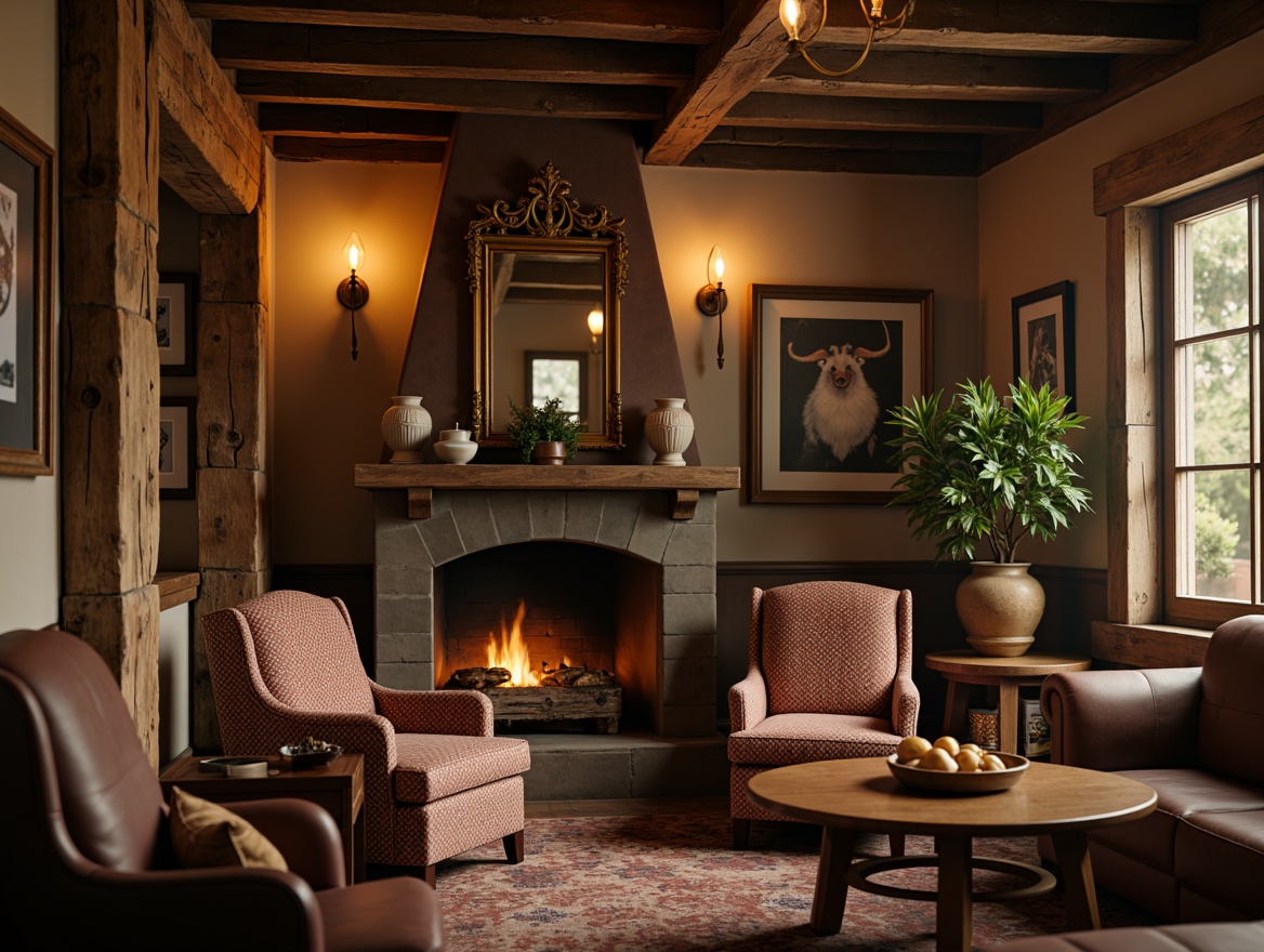 Prompt: Rustic wooden accents, distressed textures, earthy color palette, natural stone surfaces, copper metalwork, warm golden lighting, rich leather upholstery, ornate carvings, decorative trims, vintage hardware, wooden beams, exposed brick walls, traditional craftsmanship, classic architectural details, cozy atmosphere, soft focus, shallow depth of field, 1/1 composition.