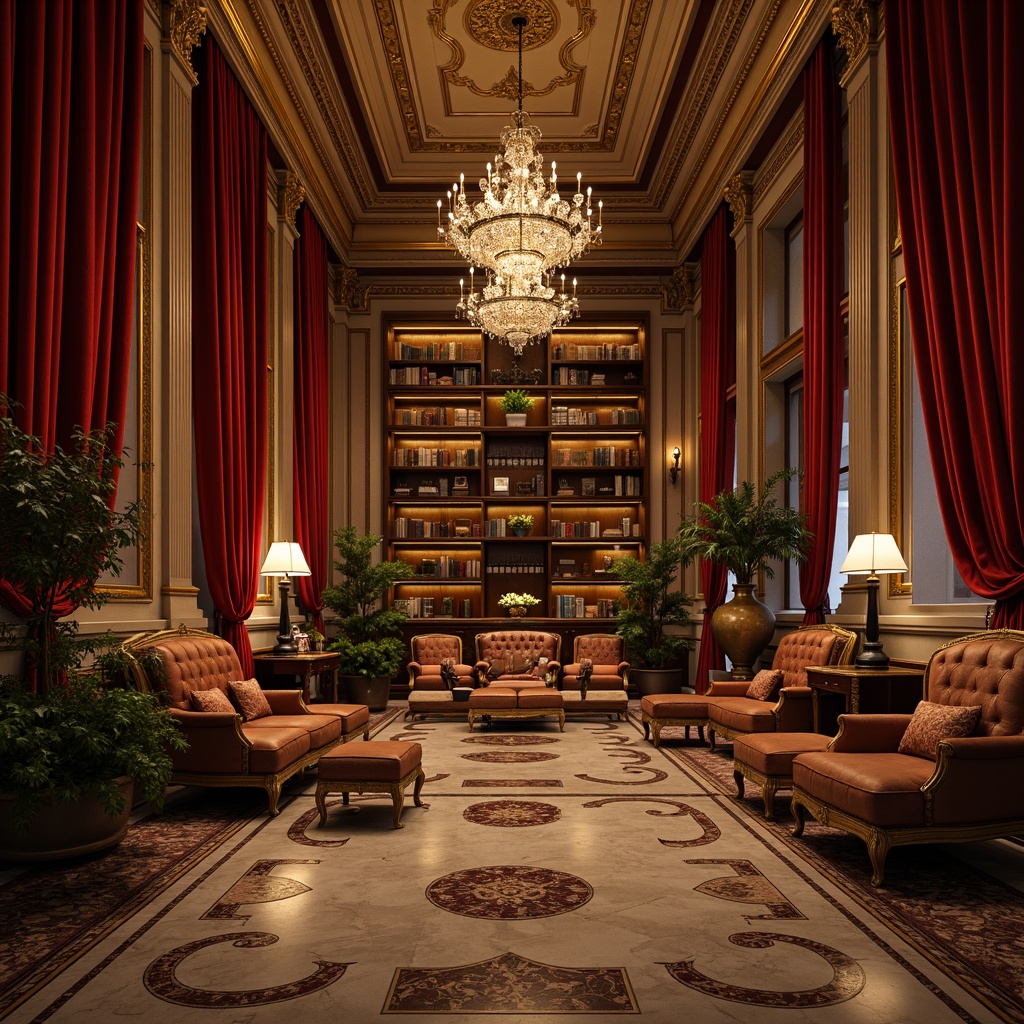 Prompt: Rich velvet drapes, ornate gold accents, luxurious leather-bound tomes, warm candlelight, rustic wooden shelves, intricate marble floors, soft warm beige walls, grand high ceilings, elegant crystal chandeliers, sophisticated rich brown furniture, vintage distressed finishes, mysterious dark corners, dramatic spotlights, opulent red and gold decorations, lavish furnishings, 1/2 composition, shallow depth of field, warm golden lighting.