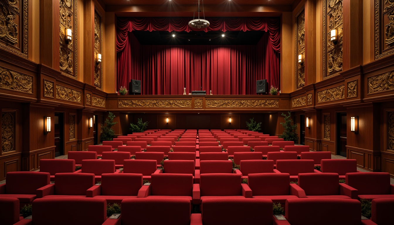 Prompt: Luxurious theater interior, rich wood accents, plush velvet seats, ornate golden details, state-of-the-art acoustic panels, sound-absorbing materials, professional audio equipment, high ceilings, dramatic stage lighting, crimson curtains, premium fabric upholstery, intricate carvings, warm ambient glow, soft focus lighting, shallow depth of field, 2/3 composition, realistic textures, cinematic ambiance.