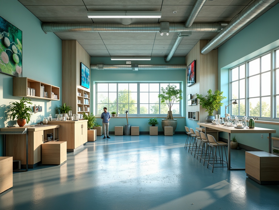 Prompt: Vibrant laboratory, calming blue tones, soothing green accents, neutral beige walls, sleek metal equipment, glass beakers, wooden workstations, ergonomic stools, natural light pouring in, soft warm illumination, subtle shadows, 1/1 composition, realistic textures, ambient occlusion, futuristic design elements, minimalist decor, modern scientific instruments, sterile atmosphere, organized storage systems.