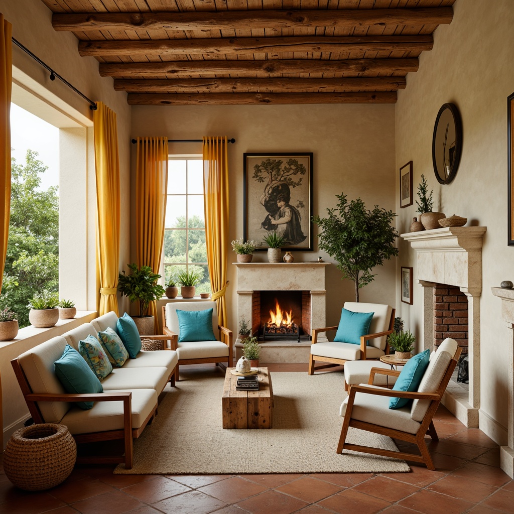 Prompt: Warm beige walls, earthy terracotta floors, rustic wooden furniture, turquoise accent pillows, sunny yellow curtains, creamy white trim, weathered stone fireplaces, lush greenery, potted olive trees, natural linen fabrics, soft warm lighting, shallow depth of field, 3/4 composition, cozy intimate atmosphere, family photos, traditional Mediterranean decorative elements.