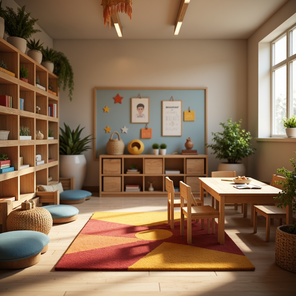 Prompt: Cozy kindergarten classroom, wooden tables and chairs, vibrant colored rugs, soft cushions, educational posters, traditional wooden shelves, woven baskets, natural wood accents, warm lighting, shallow depth of field, 1/1 composition, realistic textures, ambient occlusion, playful atmosphere, cheerful colors, rounded corners, safe storage units, easy-to-clean surfaces, ergonomic design, child-friendly materials.