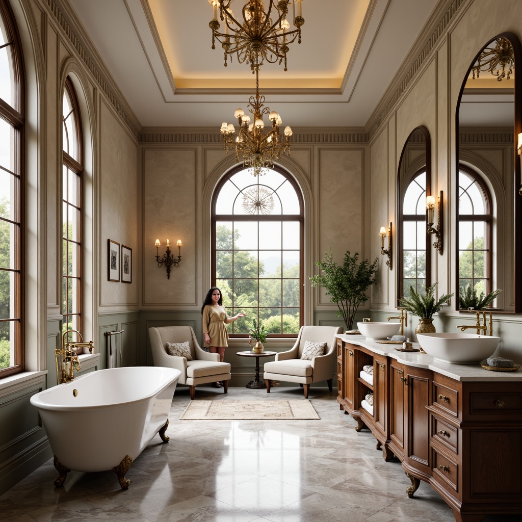 Prompt: Luxurious bathroom, freestanding tub, ornate faucets, marble countertops, rich wood cabinetry, elegant chandeliers, soft warm lighting, floor-to-ceiling windows, natural stone flooring, white porcelain sinks, decorative mirrors, classic Roman arches, subtle molding details, neutral color palette, high-gloss finishes, comfortable seating areas, lavish textiles, botanical patterns, vintage-inspired fixtures, polished chrome accents, sophisticated ambiance, 1/2 composition, warm soft focus, realistic reflections.