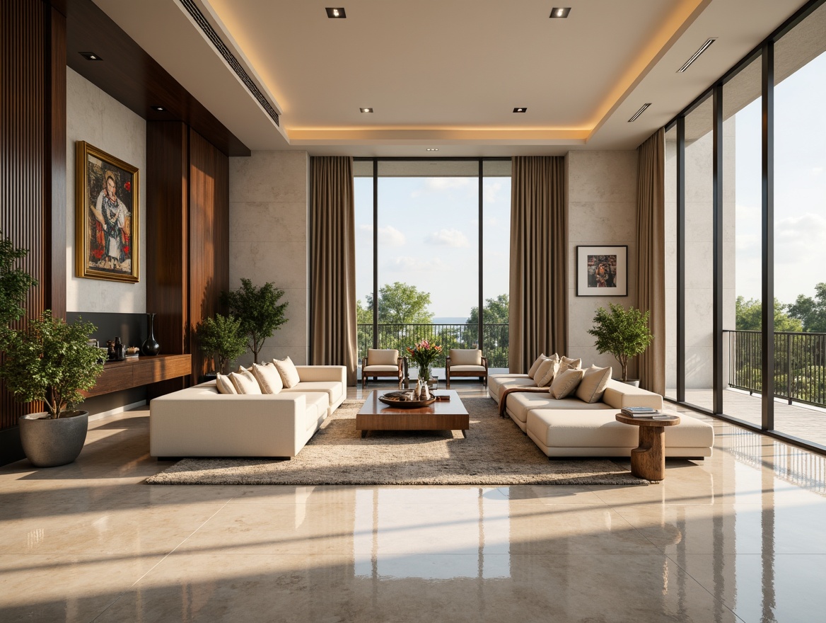 Prompt: Luxurious living room, polished marble floors, sleek modern furniture, floor-to-ceiling windows, natural light, warm beige walls, plush area rugs, metallic accents, ambient lighting, shallow depth of field, 3/4 composition, realistic textures, soft focus.