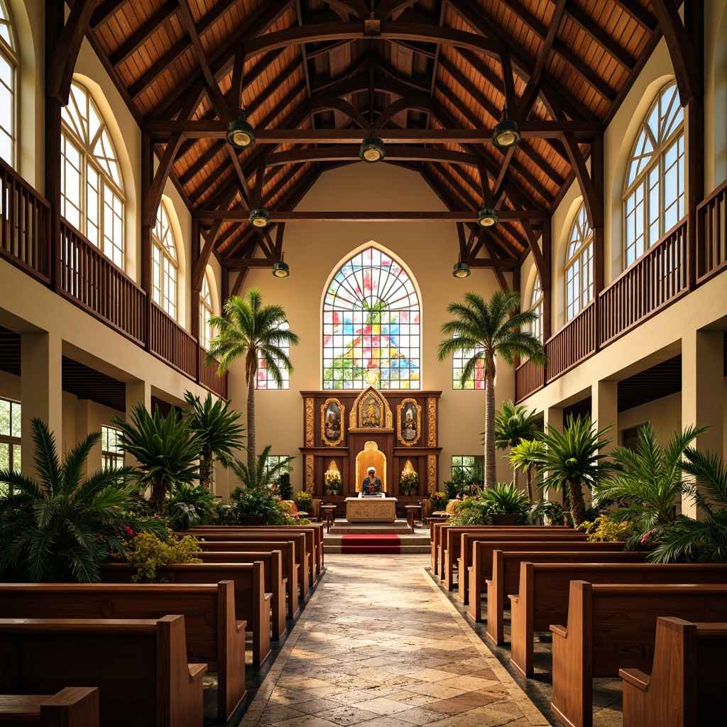 Prompt: Tropical church interior, vaulted ceilings, wooden beams, stained glass windows, natural lighting, warm golden tones, lush greenery, exotic flowers, palm trees, intricately carved wooden decorations, ornate pulpits, vibrant colorful textiles, geometric patterns, symmetrical architecture, grand entrance doors, dramatic archways, soft warm lighting, shallow depth of field, 1/2 composition, realistic textures, ambient occlusion.