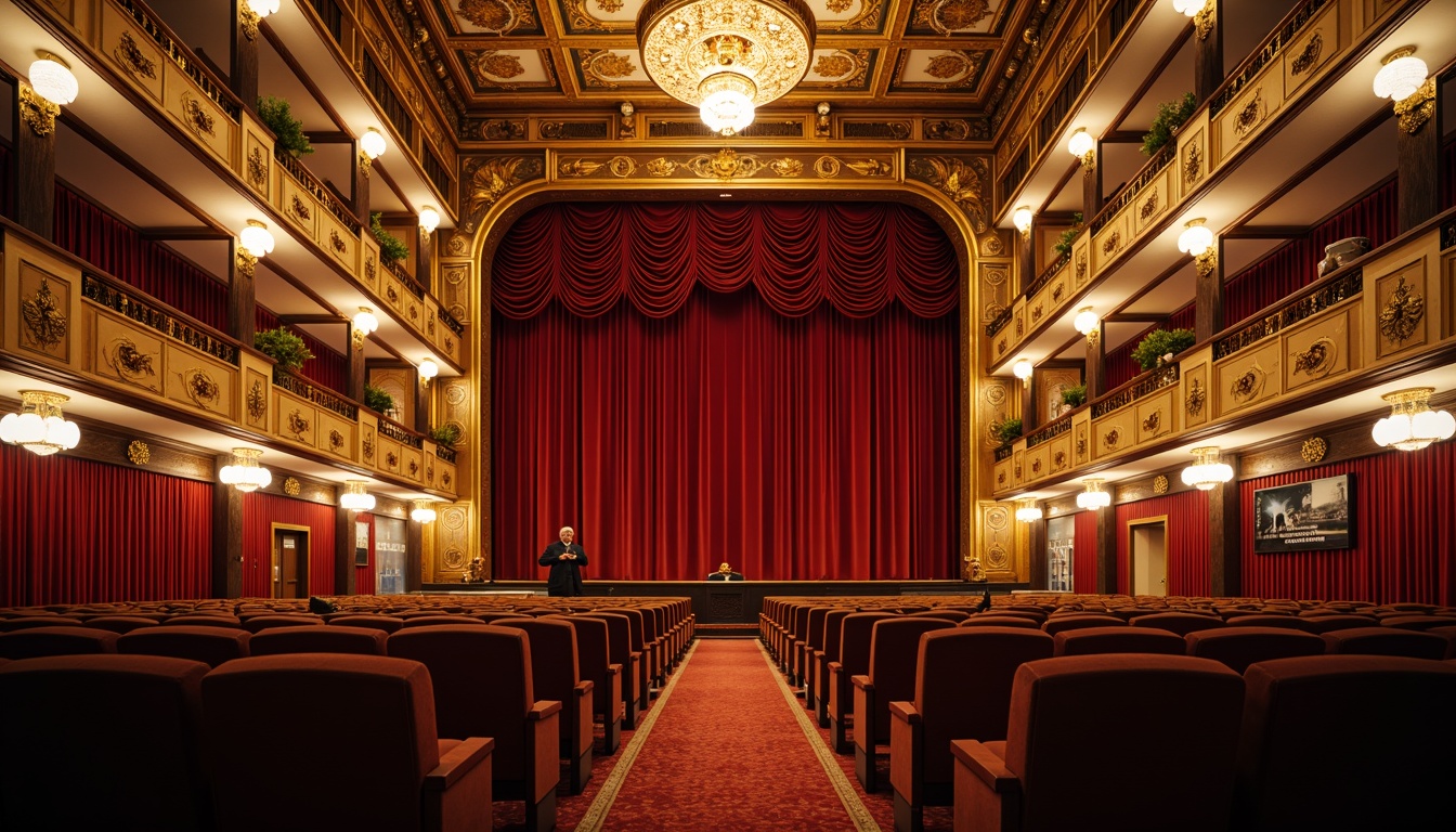 Prompt: Luxurious velvet curtains, ornate golden balconies, rich red carpeting, majestic stage lighting, antique opera seats, grand chandeliers, intricate moldings, neoclassical columns, ornamental plasterwork, vintage cinema cameras, classic film posters, nostalgic cinematic atmosphere, warm softbox lighting, shallow depth of field, 2/3 composition, symmetrical framing, realistic textures, ambient occlusion.