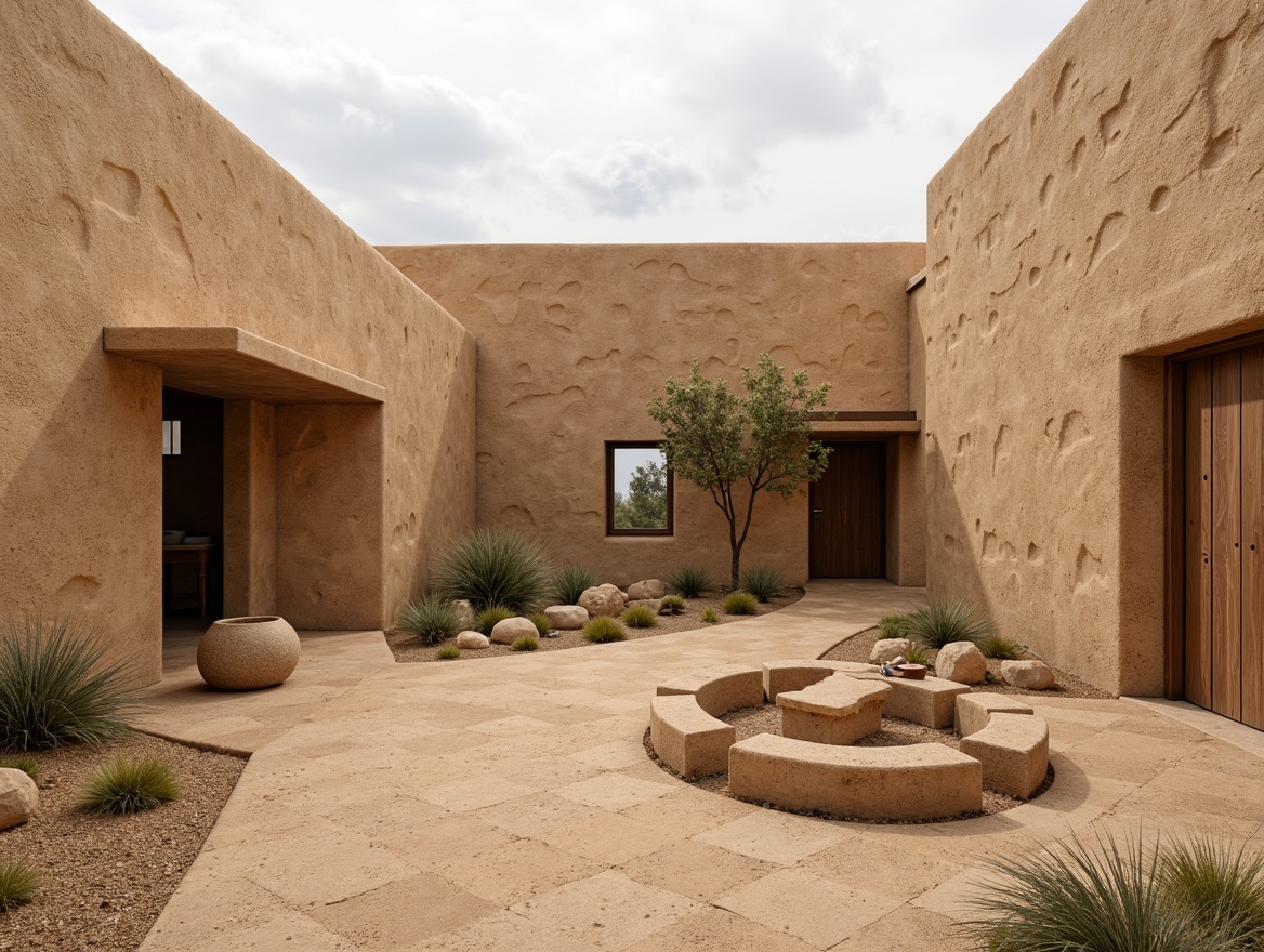 Prompt: Earthy rammed earth walls, organic textures, natural materials, rustic finishes, warm beige tones, rough-hewn surfaces, irregular patterns, earthy aromas, sustainable building practices, eco-friendly construction methods, traditional craftsmanship, manual labor techniques, natural light illumination, soft warm ambiance, cozy atmosphere, desert landscape inspirations, African hut references, primitive architectural forms, rugged outdoor settings, overcast sky, dramatic shadows, high contrast lighting, detailed surface renderings.