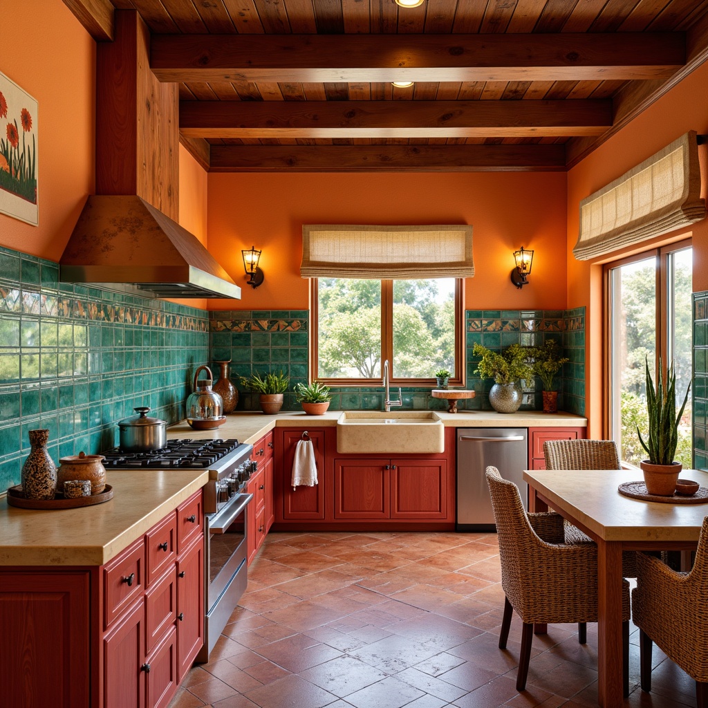 Prompt: Vibrant southwestern kitchen, turquoise glass tiles, warm beige countertops, rustic wooden cabinets, woven wicker furniture, bold red and orange hues, geometric patterned backsplash, Talavera pottery accents, Mexican-inspired terracotta flooring, pendant lantern lighting, natural linen window treatments, cactus silhouette decorations, sunset-colored wall art, warm ambient lighting, shallow depth of field, 1/1 composition, realistic textures, ambient occlusion.