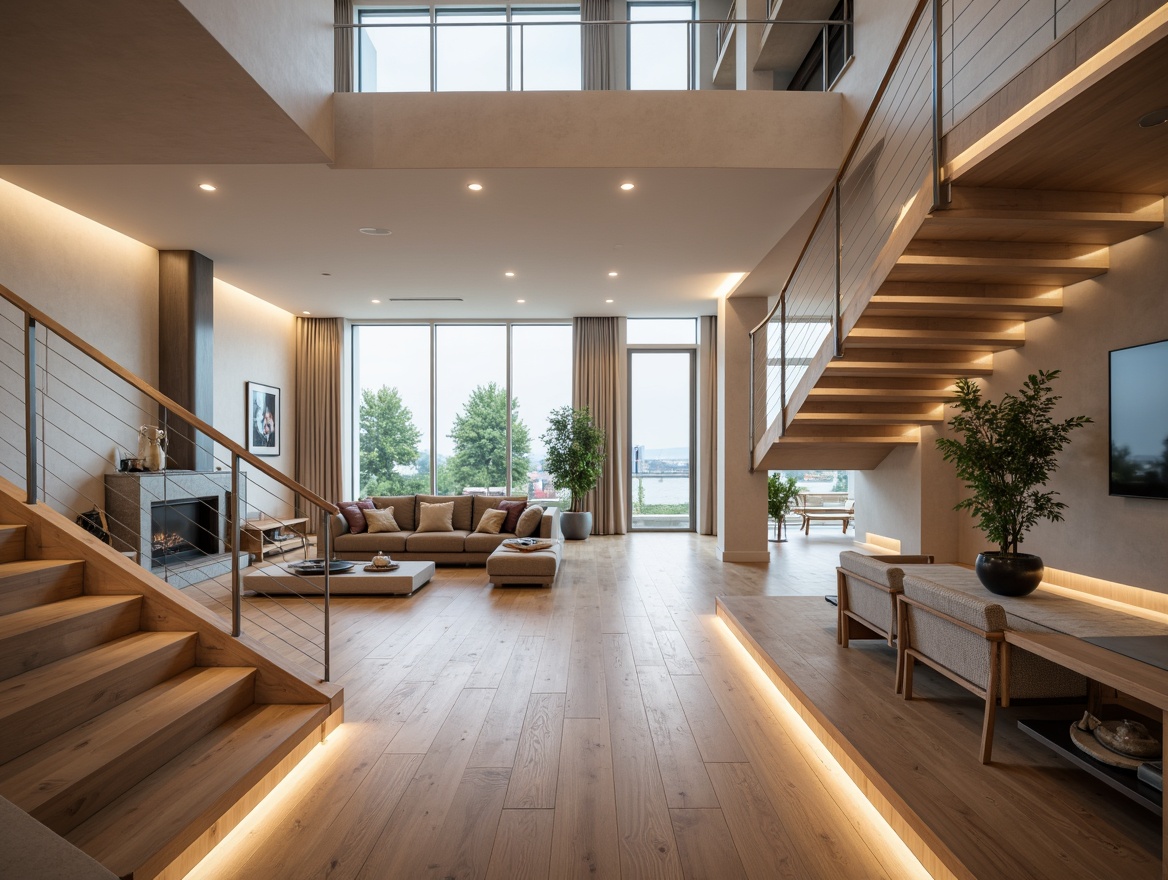 Prompt: Sleek modern staircases, minimalist design, stainless steel handrails, curved lines, LED lighting, polished chrome accents, luxurious wood flooring, spacious open-plan living areas, floor-to-ceiling windows, natural daylight, warm ambient lighting, 3/4 composition, shallow depth of field, realistic textures, ambient occlusion.