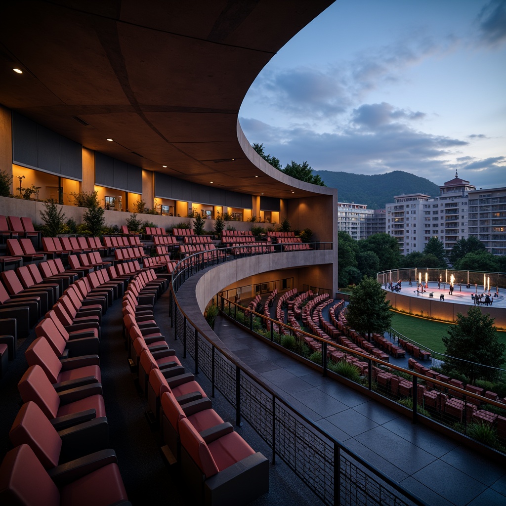 Prompt: Curved amphitheater seating, streamline moderne architecture, sleek metal railings, minimalist design, optimized row spacing, ergonomic chair design, premium leather upholstery, subtle LED lighting, ambient acoustic atmosphere, elevated stage platform, dramatic spotlights, panoramic cityscape views, misty evening ambiance, soft warm glow, 1/2 composition, shallow depth of field, realistic reflections.