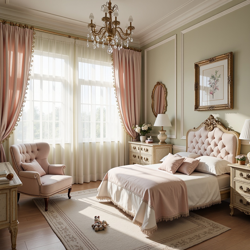 Prompt: Whimsical kids' room, soft pastel colors, delicate florals, ornate gold accents, intricate carvings, plush velvet fabrics, tufted upholstery, curved lines, scalloped edges, romantic chandeliers, crystal drops, lavish drapery, tassel trim, playful polka dots, creamy whites, pale pinks, baby blues, gentle lighting, warm beige walls, rich wood tones, antique furniture pieces, distressed finishes, French-inspired elegance.