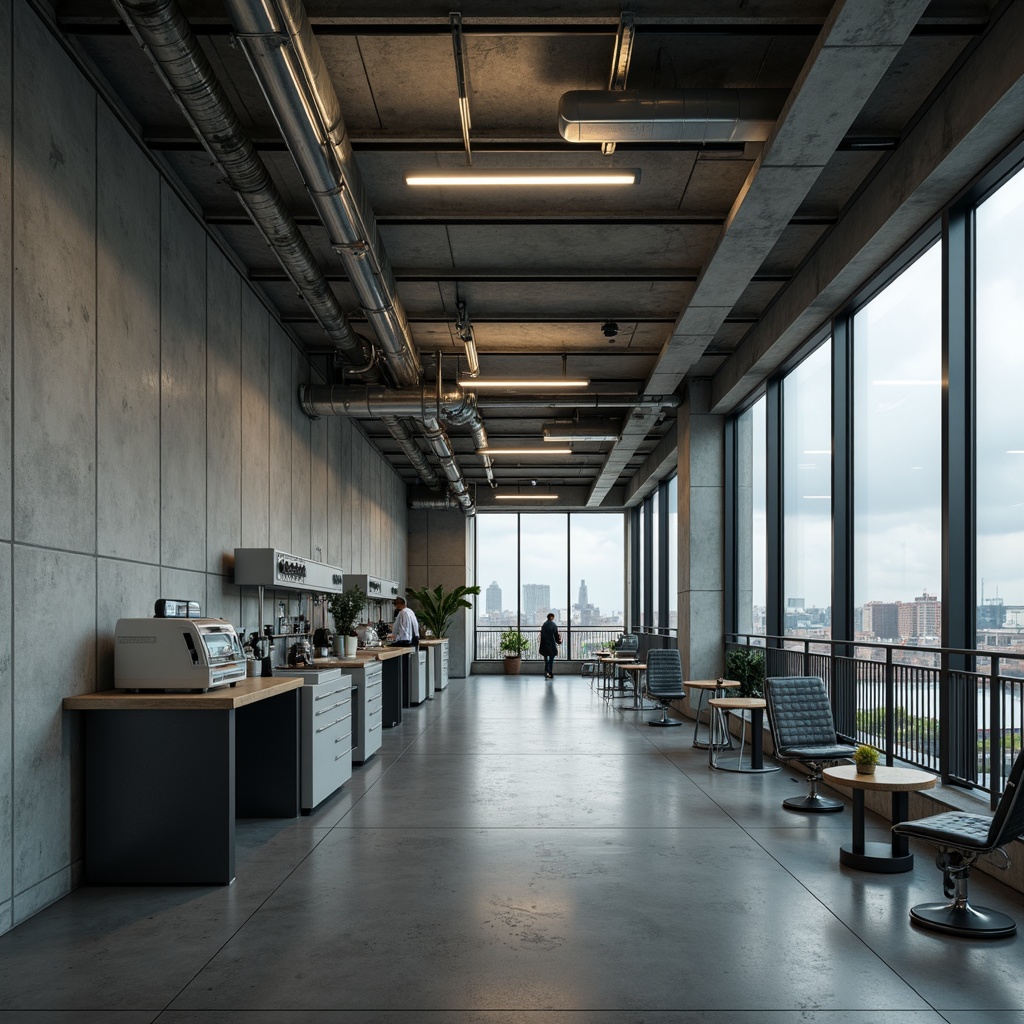 Prompt: Raw concrete walls, exposed ductwork, industrial pipes, metal beams, minimalist decor, functional lighting, sleek laboratory equipment, futuristic machinery, modular workstations, epoxy resin flooring, steel cable railings, brutalist architecture, urban cityscape, overcast sky, high-contrast lighting, dramatic shadows, 1/1 composition, cinematic view, realistic textures, ambient occlusion.