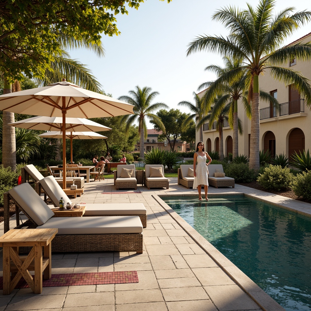 Prompt: Tropical poolside, luxurious lounge chairs, woven wicker frames, plush cushions, umbrellas, outdoor dining sets, rustic wooden tables, colorful tile inlays, natural stone flooring, Mediterranean-inspired architecture, palm tree surroundings, sunny afternoon, warm golden lighting, shallow depth of field, 1/1 composition, realistic textures, ambient occlusion.