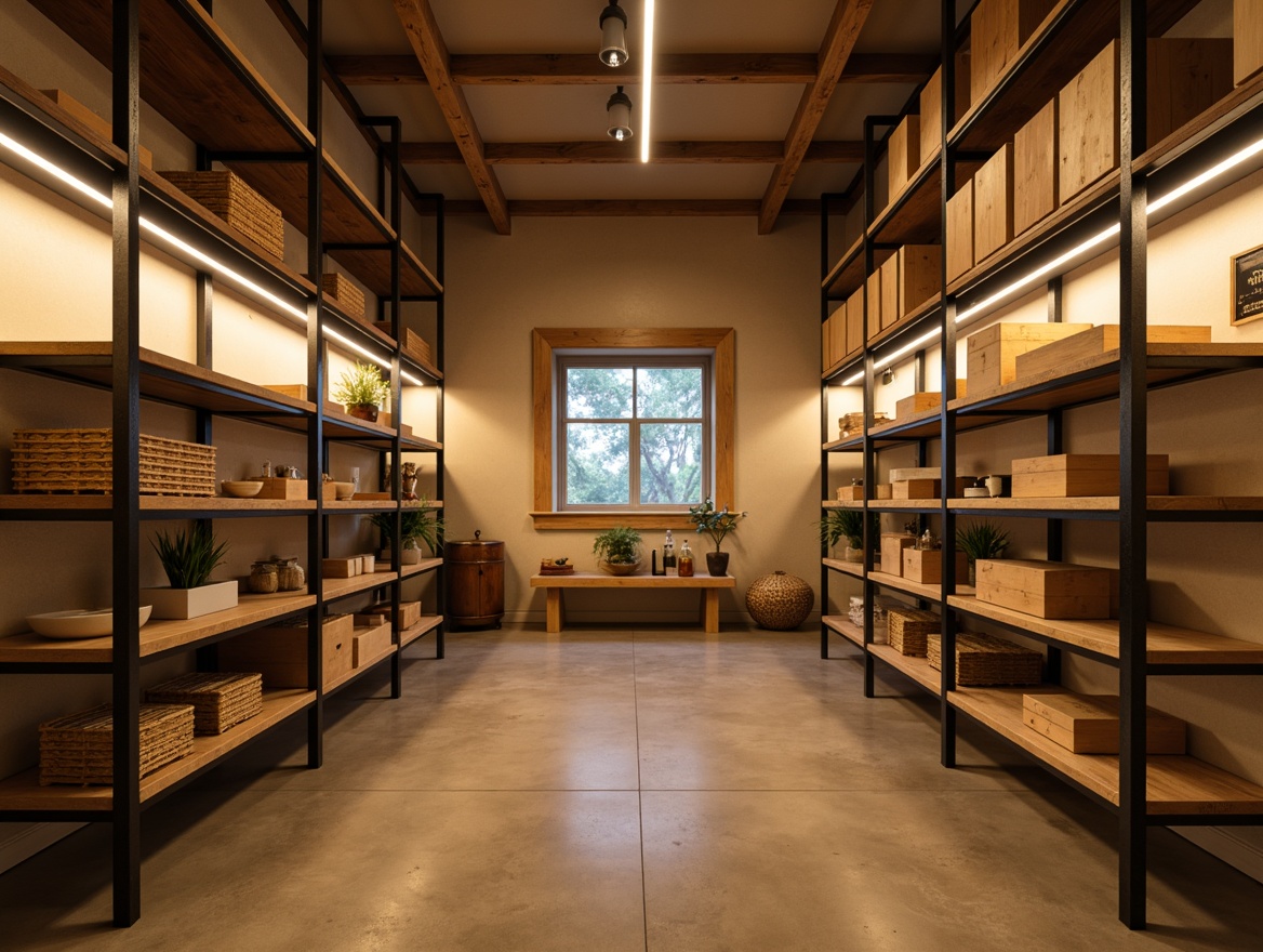 Prompt: Cozy storage room, warm beige walls, rustic wooden shelves, metal racks, softbox lights, warm white LED strips, indirect lighting, ambient shadows, minimal decor, industrial chic accents, concrete floors, functional layout, organized storage solutions, calm atmosphere, subtle color palette, matte finishes, hidden lighting sources, 1/1 composition, intimate view, realistic textures.