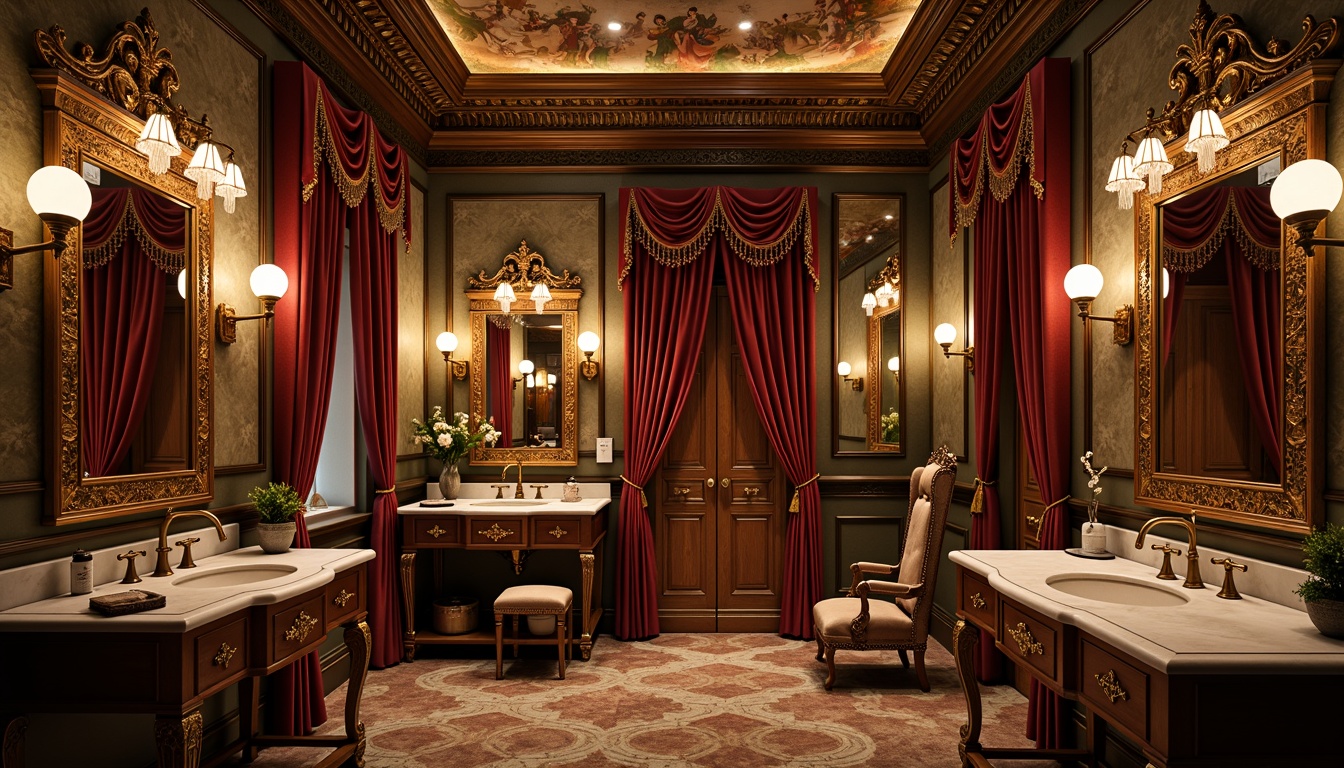 Prompt: Luxurious powder room, ornate mirrors, intricately carved wooden furniture, plush velvet drapes, crystal chandeliers, marble countertops, gold leaf accents, delicate lace trim, soft warm lighting, shallow depth of field, 1/1 composition, intimate atmosphere, rich jewel tones, antique bronze fixtures, ornamental plasterwork, frescoed ceiling, lavish textiles, floral patterns, opulent furnishings, indulgent ambiance.