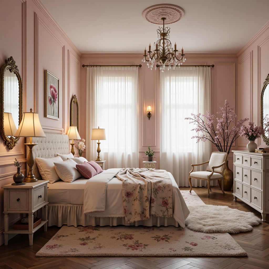 Prompt: Soft, feminine bedroom, distressed finishes, vintage furniture, pastel hues, gentle peach tones, creamy whites, pale lavenders, mauve accents, gold leaf details, ornate mirrors, lace curtains, floral patterns, ruffled bedding, plush area rugs, warm candlelight, shallow depth of field, 1/1 composition, soft focus, dreamy atmosphere.