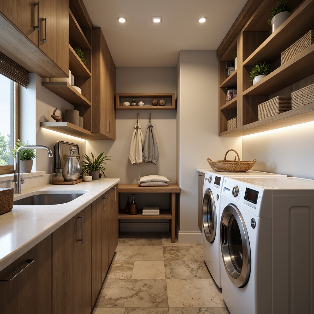 Prompt: Functional laundry area, modern cabinets, sleek countertops, stainless steel sink, energy-efficient washer, dryer with steam function, folding table, ironing board holder, storage shelves, hanging rods, woven baskets, natural stone flooring, soft warm lighting, shallow depth of field, 3/4 composition, realistic textures, ambient occlusion.