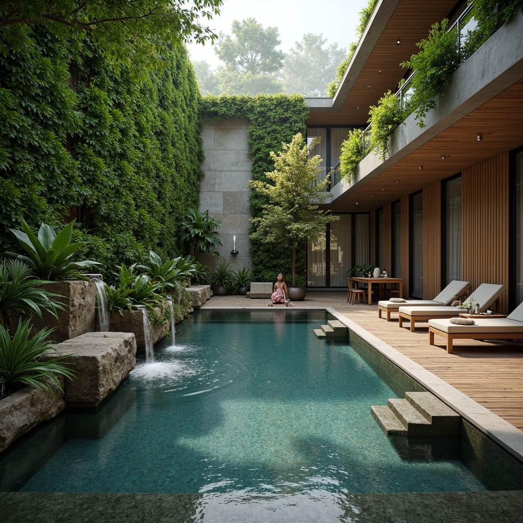 Prompt: Luxuriant indoor pool area, lush greenery walls, tropical plants, natural stone flooring, wooden accents, large windows, sliding glass doors, serene water features, waterfall sounds, misty atmosphere, warm soft lighting, shallow depth of field, 3/4 composition, panoramic view, realistic textures, ambient occlusion, rustic wooden deck, comfortable lounge chairs, nature-inspired artwork, earthy color palette, spa-like ambiance, calming sound effects.