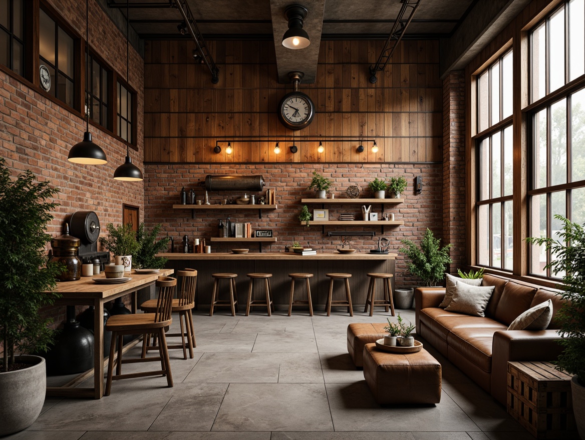 Prompt: Rustic warehouse interior, reclaimed wood accents, exposed brick walls, metal beams, industrial pendant lights, vintage manufacturing equipment, distressed leather furniture, earthy tone color palette, natural stone flooring, wooden crates, potted greenery, Edison bulb fixtures, urban loft atmosphere, warm soft lighting, shallow depth of field, 1/1 composition, gritty textures, ambient occlusion.