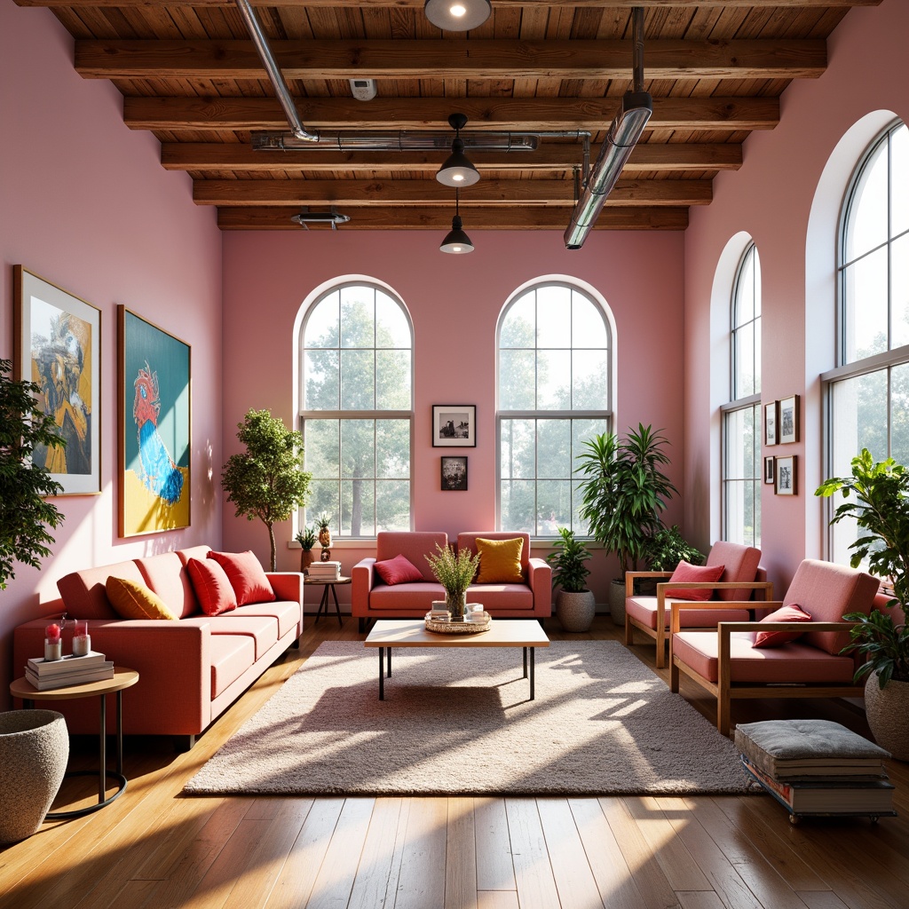 Prompt: Vibrant modern art studio, eclectic furniture pieces, bold colorful accents, pastel pink walls, natural wood flooring, industrial metal beams, creative abstract artwork, cozy reading nooks, floor-to-ceiling windows, soft warm lighting, shallow depth of field, 1/1 composition, realistic textures, ambient occlusion.